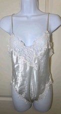 Vtg 80s Victorias Secret Shiny Satin Bodysuit Lace Teddy Lingerie Size M Ivory