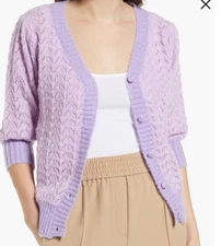 FRNCH Paris Pointelle Knit LILAC  Lavender CARDIGAN SZ  S/M EUC  SHORT SLEEVES