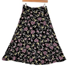 VTG Coldwater Creek Midi Skirt S Black Floral Slinky Whimsigoth Fairy Boho Hippy