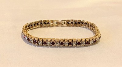 Vintage MONET Ruby Red & Clear Rhinestones Gold Tone Tennis Bracelet Signed 7''