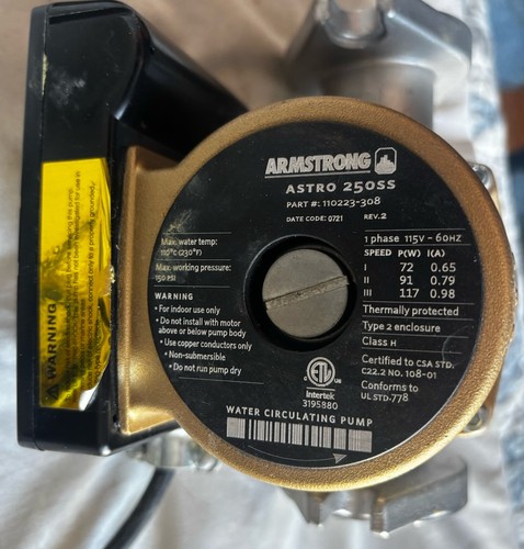 Armstrong 110223-308 Circulating Pump, SS 115V, 1 Phase, Astro 250SS, 3 Speed