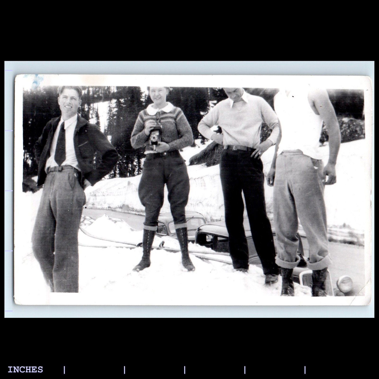 Old Vintage Photo MEN WOMAN HOLDING CAMERA SNOW WINTER SCENE