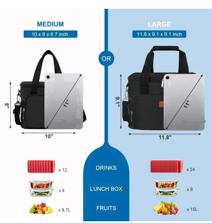 Femuar Adult Reusable Lunch Cooler Bag w/adjustable Straps, Black