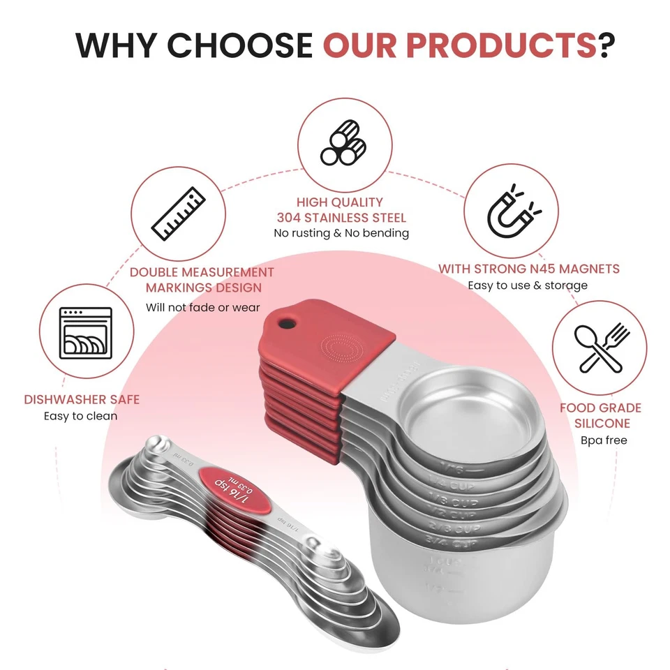 Juego de tazas y cucharas medidoras magnéticas - Acero inoxidable 304 de alta resistencia, juego de 16 Foto 2 de 4