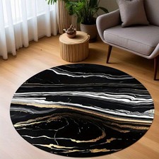 Round Black and Golden Marble Texture Mat, Upgraded Classic Round Velvet Carpet