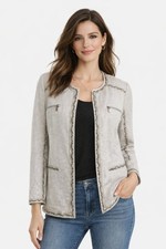 Chicos Linen Blend Jacket Womens Size 2 Neutral Snakeskin Trim Open Front