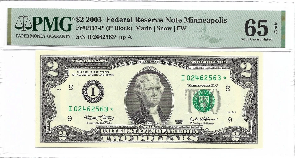 2003 $2 MINNEAPOLIS * STAR * ⭐️ FRN. PMG Gem Uncirculated 65 EPQ Banknote. - Image 2 of 3