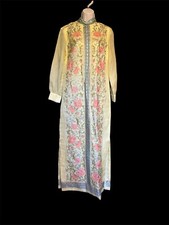 Vintage 60s Alfred Shaheen Floral Yellow Maxi Slit Dress