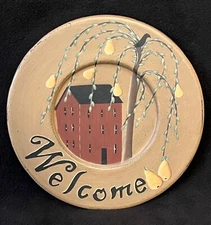 Welcome Plate Primitive Style Folk Art Decor Hand Painted Wood By Karen Schwarz