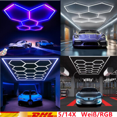 5/14X LED Hexagon Lampe Werkstatt Wand Garage Decken Leuchte Waben Beleuchtung