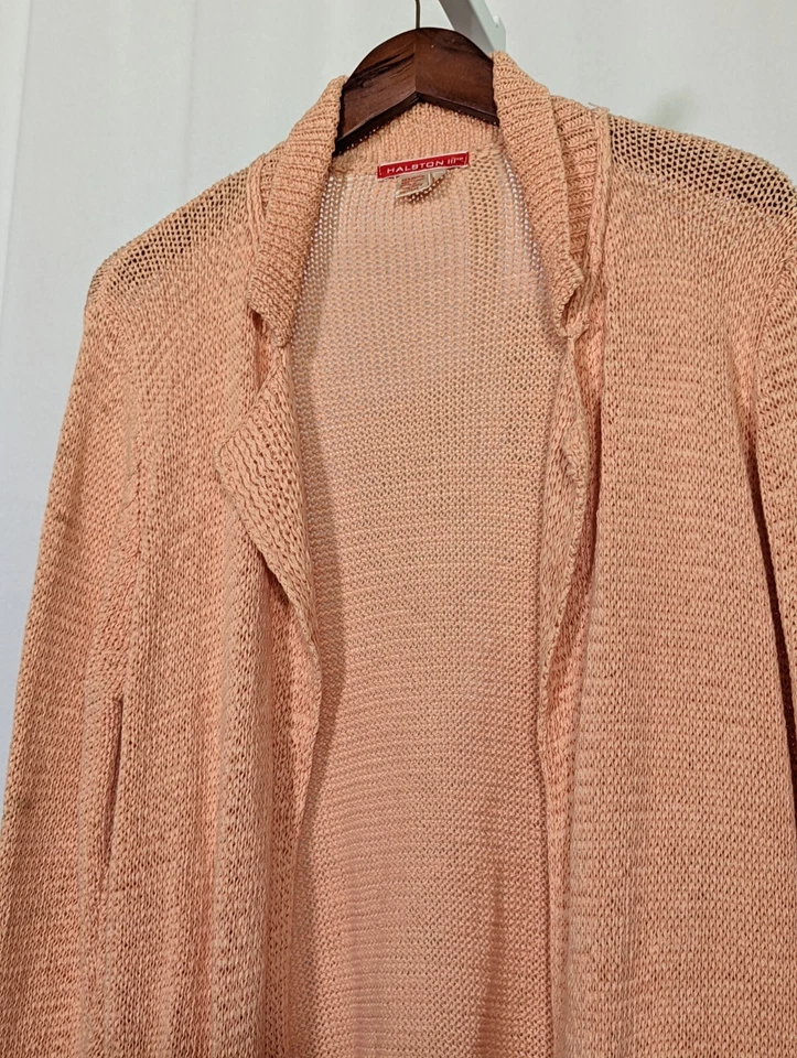 Cárdigan Suéter Halston III Vintage Años 70 Melocotón Salmón Tejido Algodón Ramie L Foto 3 de 4