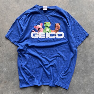 Vintage 2000s Geico Insurance Gecko Mascot Graphic T-Shirt Blue L
