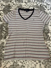 Tommy Hilfiger T Shirt Medium Striped Short Sleeve V Neck Tee Womens 100% Cotton