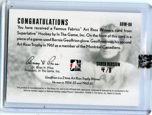 2007-08 ITG Superlative Famous Fabrics Art Ross Winners Silver #ARW-06 Geoffrion - Picture 2 of 2