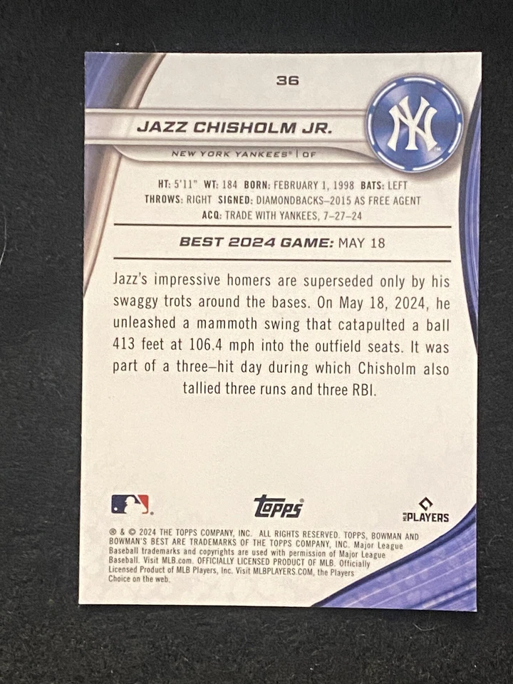 Jazz Chisholm Jr. 2024 Bowmans Best Green Mini Diamond Refractor /99 #36 Yankees - Image 3 of 3
