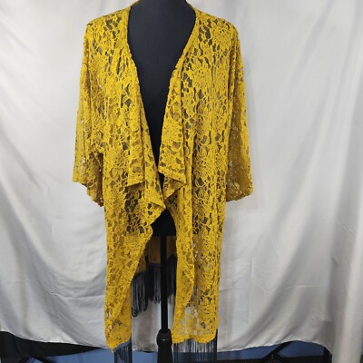 LuLaRoe Chic Boho Open Lace Wrap Mustard Yellow w Blue 6'' Fringe Size L (kk-19)