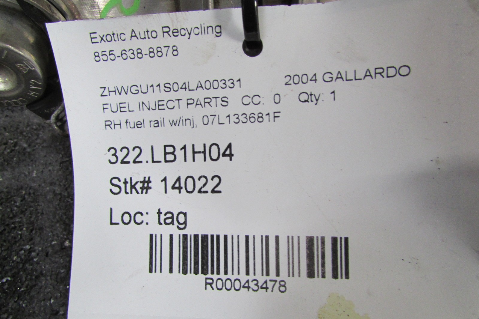 Lamborghini Gallardo, RH, Right Fuel Rail, With Injectors, Used, P/N 07L133681F