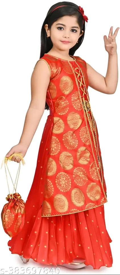Indian Traditional Silk Printed Embroidered Gown Dress for Girls/Kids - Image 4 of 4