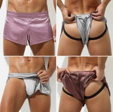 Men's Sexy Side Split Satin Short Boxer Shorts  Inner Jockstrap & Enhancer Pouch