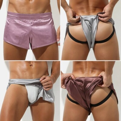 Herren Sexy Seitenschlitz Satin Short Boxershorts Innen Jockstrap & Enhancer Pouch