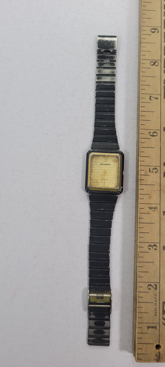 Helbros Square Quartz Watch Black Base Metal Stainless Steel Rare Vintage