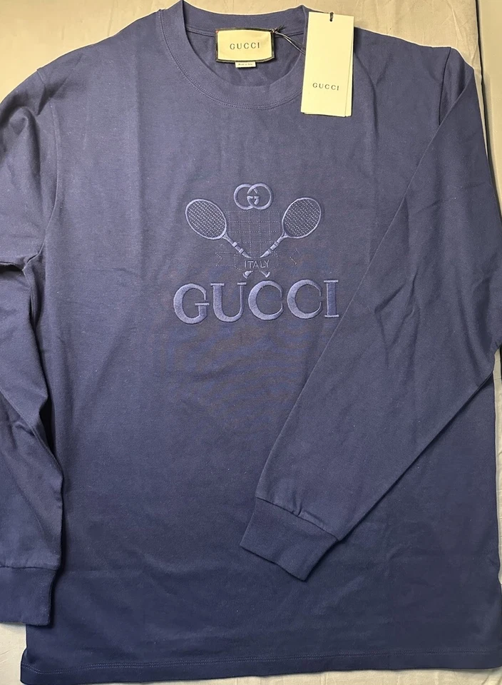 Auténtica camiseta Gucci bordada con logotipo de tenis de gran tamaño manga larga para hombre talla S Foto 2 de 4