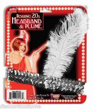 SILVER SEQUIN FLAPPER HEADBAND w/WHITE PLUME HALLOWEEN COSTUME ACCESSORY