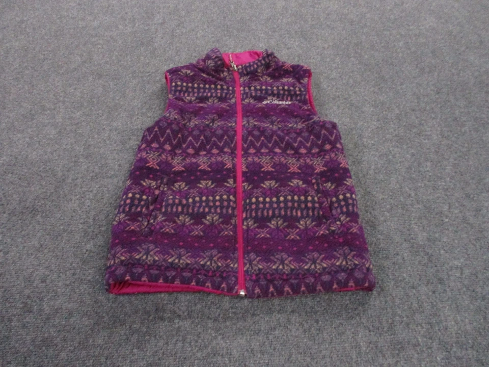 Columbia Chaleco Chaqueta Niñas M 10 12 Púrpura Puffer Azteca Polar Reversible Juvenil Foto 2 de 4