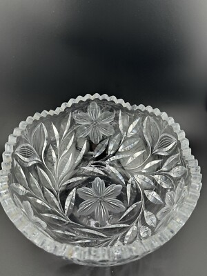 Crystal Bowl W/ Floral Carvings No Chips Or Cracks Stunning Crystal 