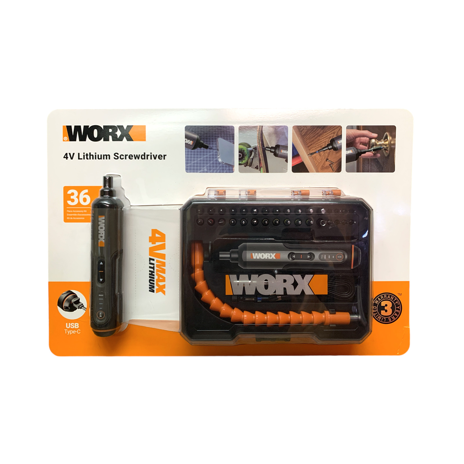 Перезаряжаемая литиевая отвертка Worx 4V с 3 скоростями вращения и набором аксессуаров из 36 предметов 8290₽