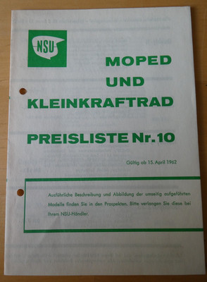 original NSU PREISLISTE 1962 Quickly N S  L  T  TT TTK Quick