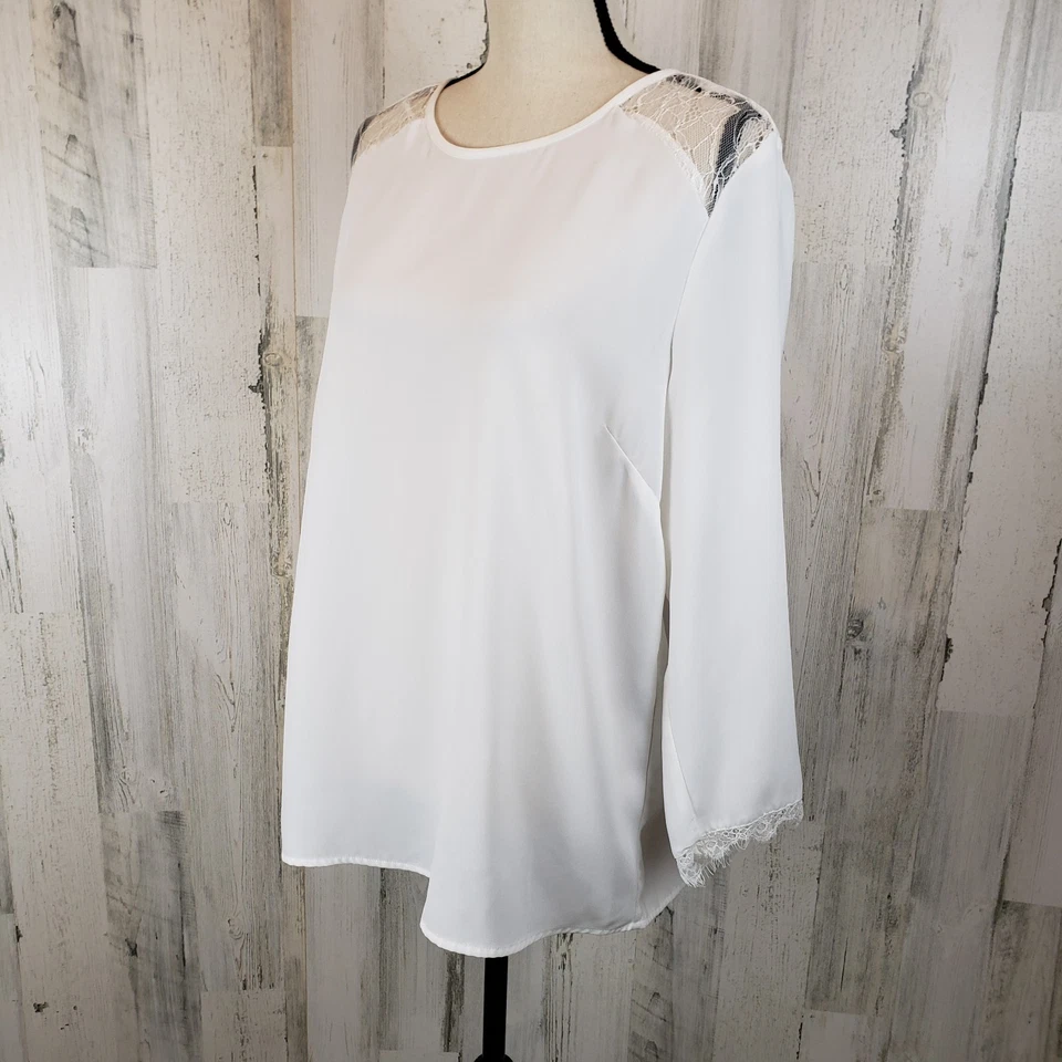Blusa Larga Alta Sally Talla 12 Invierno Blanco Encaje Oficina Negocios Informal Ropa de Trabajo Foto 2 de 4