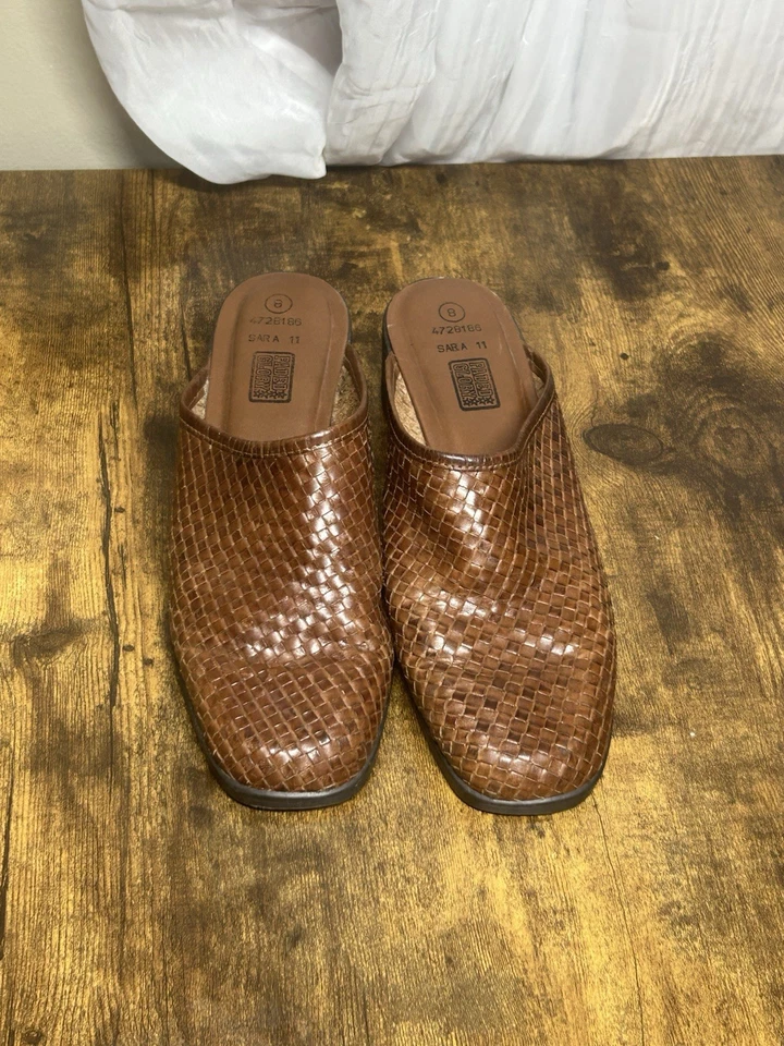 De colección Años 90 Y2K Desteñido Gloria Mujer’s 8 Marrón Tejido Cuero Tacón Mules Boho Retro Foto 2 de 4