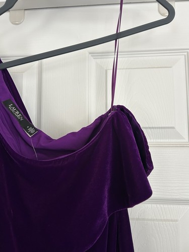 Lauren Ralph Lauren Ruffle Trim Velvet One Shoulder Cocktail Dress 6 Purple NEW - Picture 2 of 7