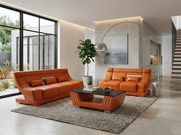 Sofa Set 3+2 Modern Orange Couch Design Led Komfort Polstergarnitur-image