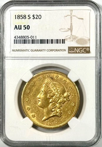 1858-S $20 GOLD LIBERTY DOUBLE EAGLE NGC AU50