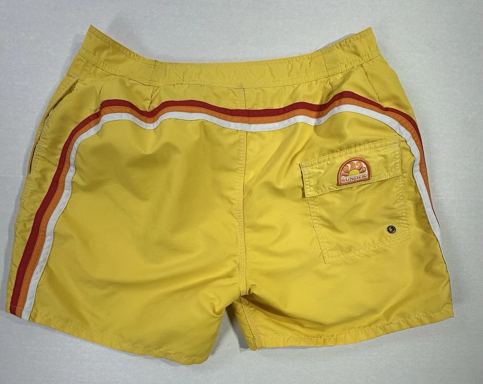 Sundek Board Shorts Swim Trunks 36 Yellow Rainbow Stripe Retro Surf Style - Image 2 of 4
