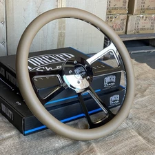 18 Inch Chrome Semi Truck Steering Wheel with Tan Brown Vinyl Grip - 5 Hole