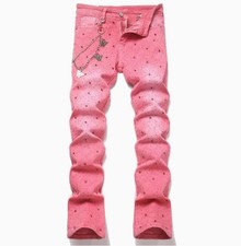 Mens Pink Cotton Denim Jeans Flared Casual Pa...