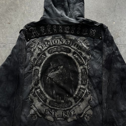 Vintage Y2K Affliction Zip Up Hoodie Men’s XL Grey Cross Crow Grunge NWT RARE - Picture 5 of 8