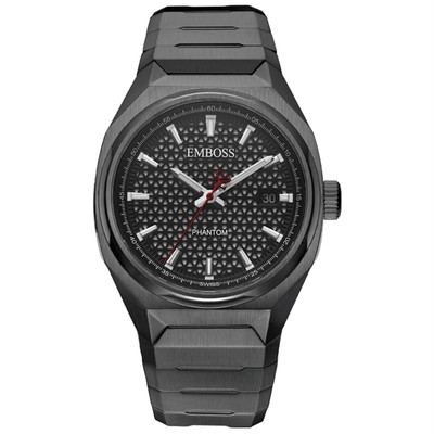 EMBOSS Phantom Swiss Watch RONDA 515 Black Stainless Steel Sapphire Crystal 100M