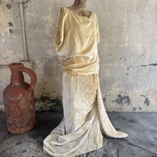 Antique 1920s Cream Silk Velvet Dress Pearl Trim Gathered Maxi Teens Vintage