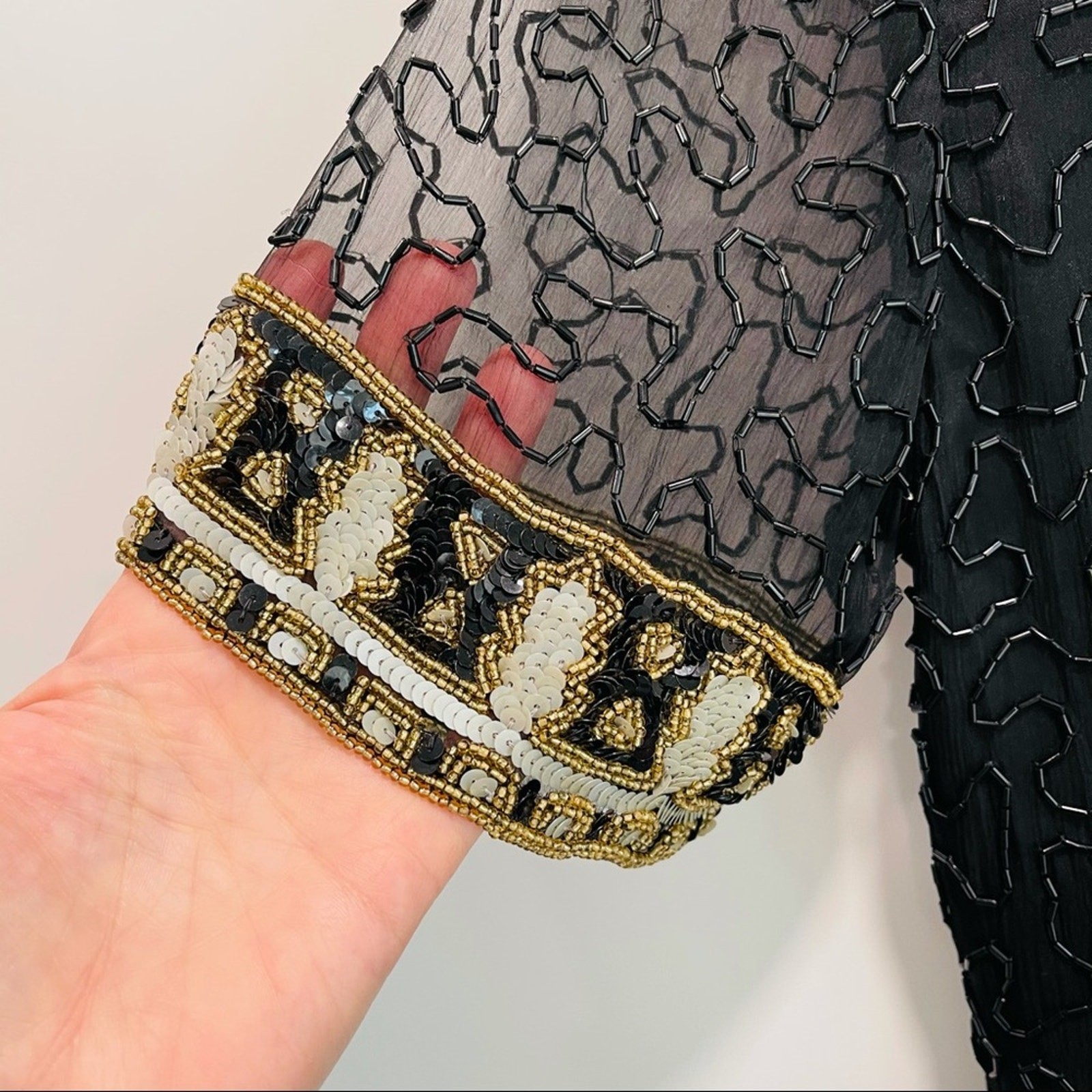 Vintage 80s Lawrence Kazar Silk Beaded Formal Dress Black Tie Embellished