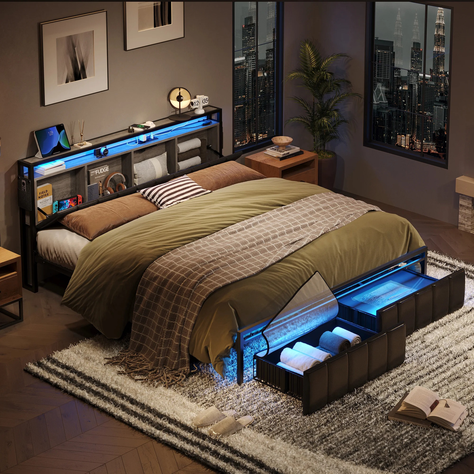 Bestier King Size Platform Bed Frame with PU Leather Storage Headboard Black 50990₽