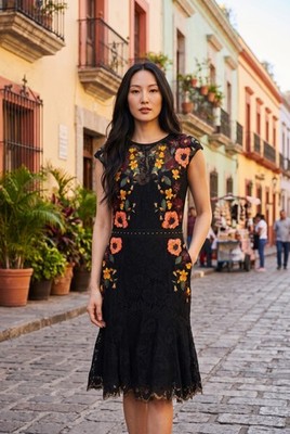 Karen Millen besticktes Blumen-Minikleid UK 8 6 schwarz Spitze Cocktail UVP 225 £