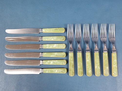 VTG Flatware Set Green Marbled + Tan Lucite Handles Stainless 6 Forks 6 Knives