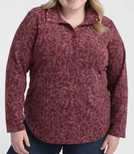 CJ Banks Size 1X Burgundy brushed fleece top, swirl print, long sleeve, NWT