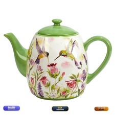 Hummingbirds Ceramic Teapot 40 oz Watercolor Floral Bird Design with Lid