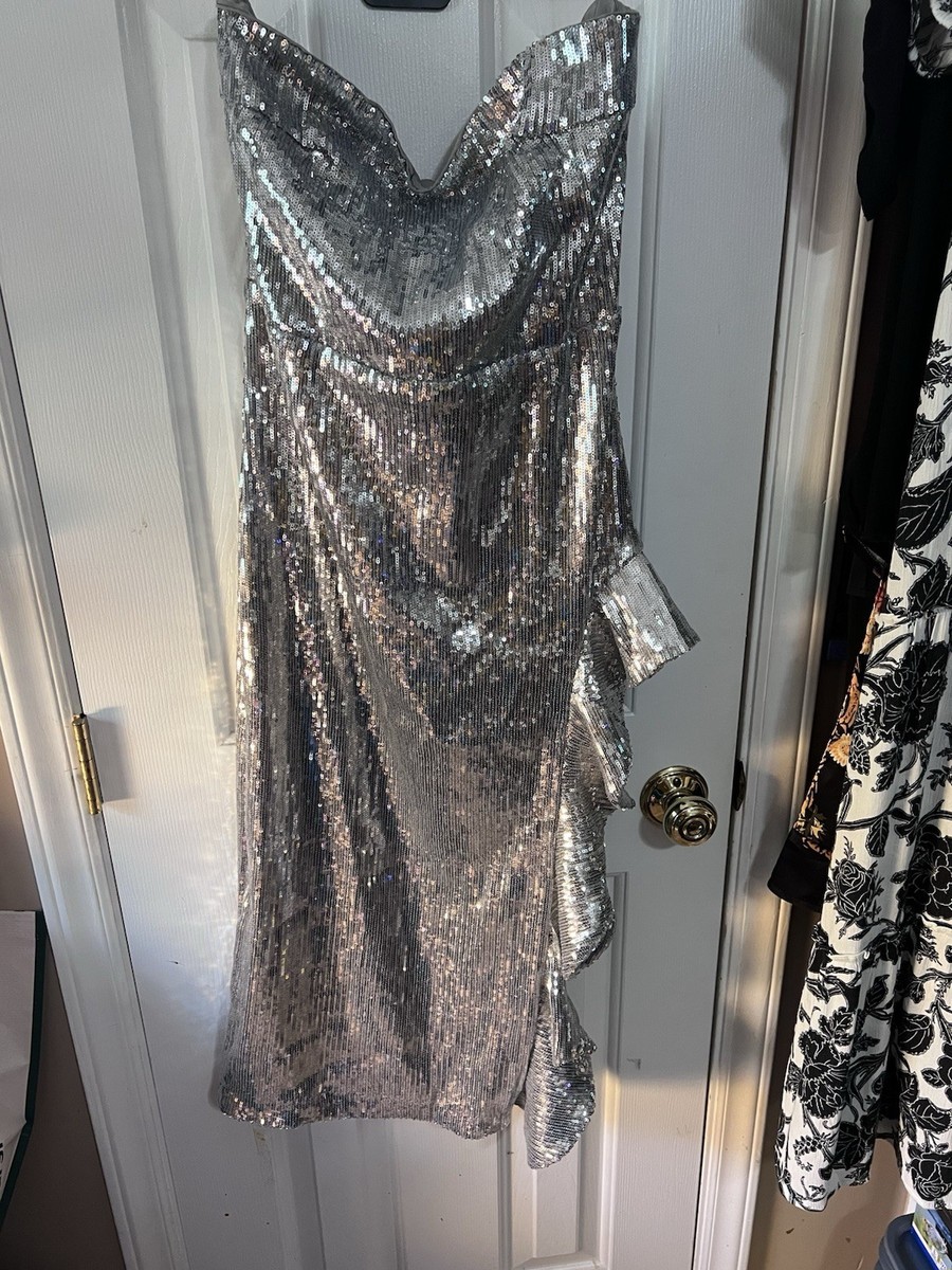 Fashion Nova Silver Sequin Ruffle Strapless Midi Dress Size L | eBay