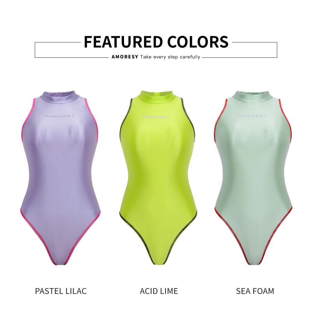 2023 Swimwear Women's Sexy Swimsuit Shiny High Cut One Piece Collared Surf Swim - Picture 19 of 27